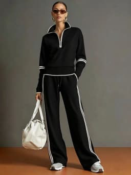 Casual Striped Hoodie Sports Outfits Women New Color Blocking Wide Leg Pants Two Piece Sets Autumn Winter Loose Pants Suit