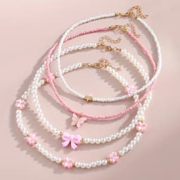 4pcs/Set Girls' Butterfly Heart Flower Pearl & Beaded Handmade Necklace Set Children Teen Friendship Best Gift For Friends