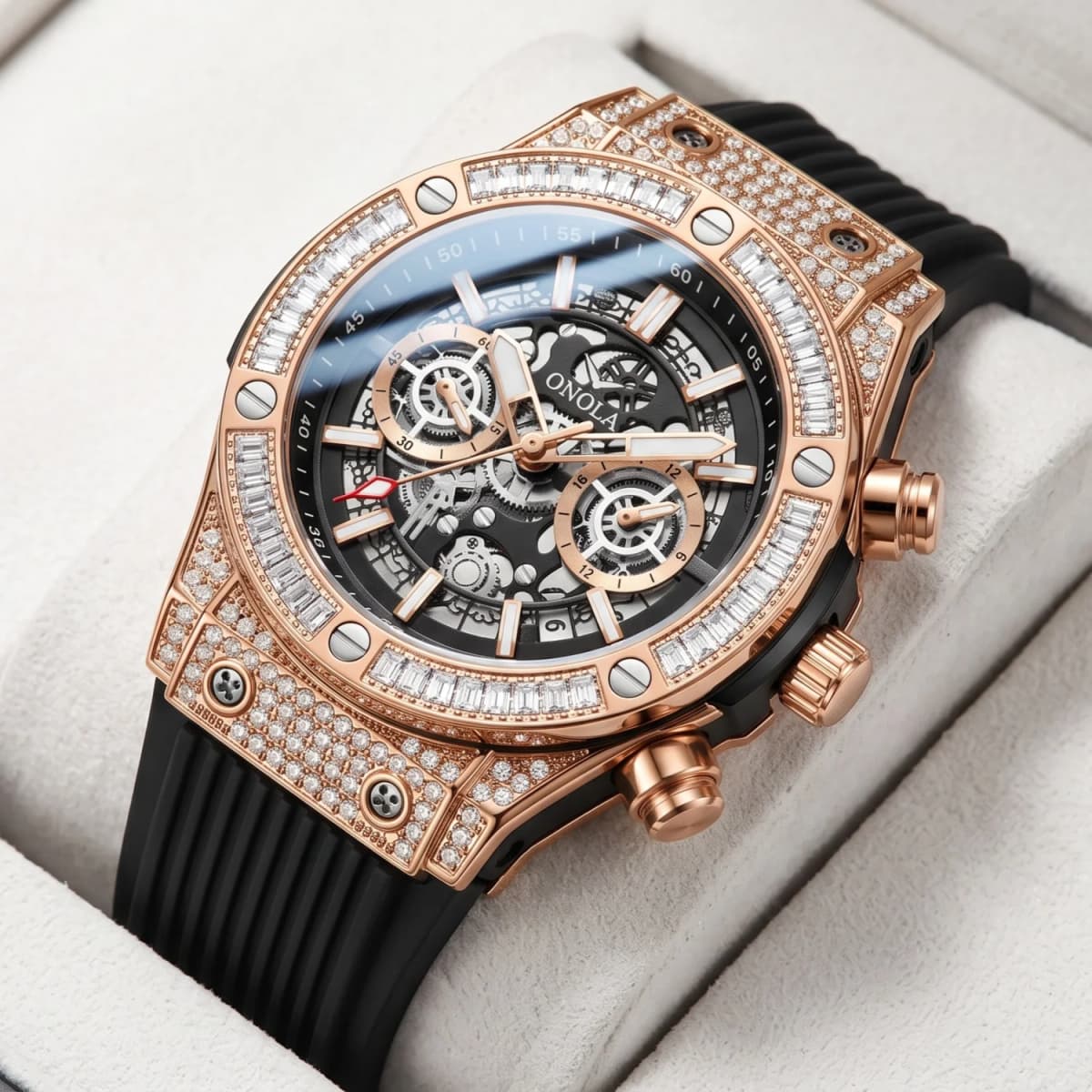ONOLA Men's Skeleton Quartz Watch, Rhinestone Inlaid Case, Multifunctional Waterproof Sports Fashion Watch, A Gift For Men