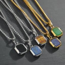 Trendy Pendant Necklaces for Men,Square Natural Stone Stainless Steel Necklaces,Hip Hop Healing Jewelry Gifts for Husband Dad