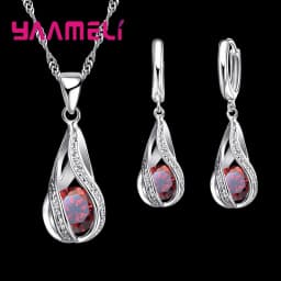 Hot Water Drop CZ 925 Sterling Silver Jewelry Set For Women Pendant Necklace Hoop Earrings Wedding Party Ceremoey Anel