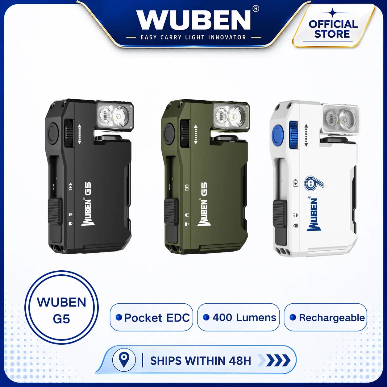 WUBEN G5 Rechargeable EDC Flashlight, 400 Lumens Dual Light Sources Mini Flashlight with RGB Light, Portable Pocket Flashlights