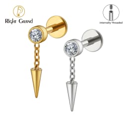 Right Grand ASTM F136 Titanium Bezel CZ Dangle Cone Labret Cartilage Earring Conch Helix Stud Tragus Spike Chain Drop Earring