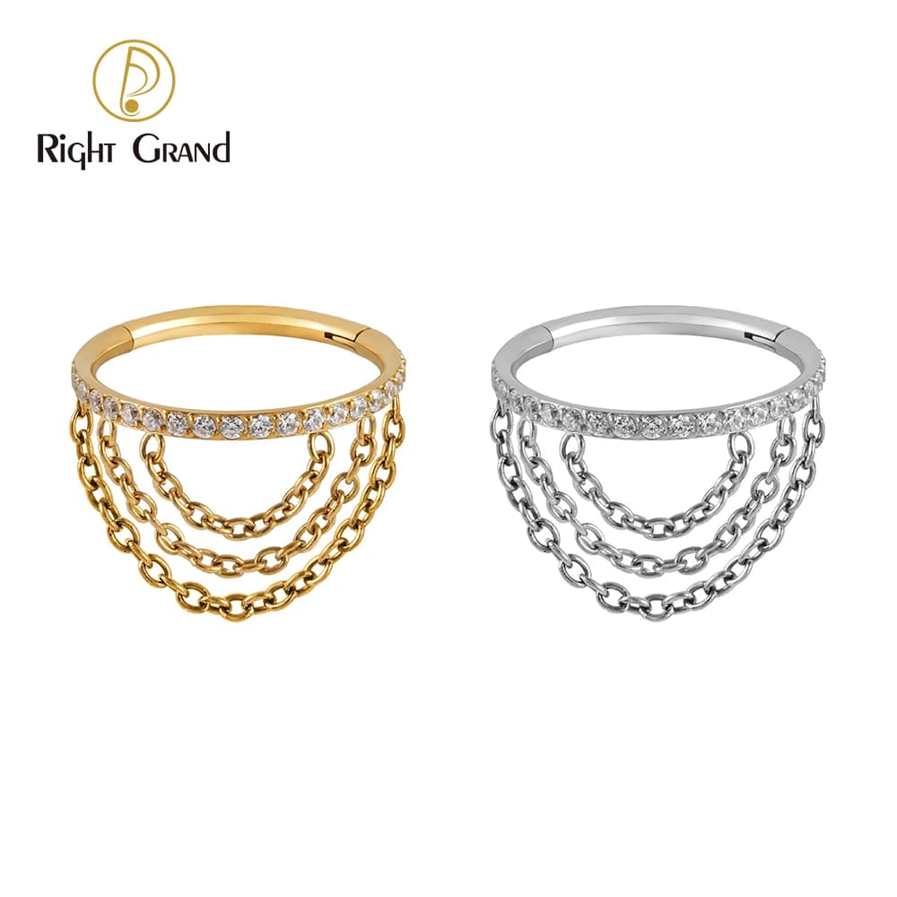 Right Grand ASTM F136 Titanium CZ Hinged Clicker Segment with Triple Chain Cartilage Earring Hoop 8-12mm Helix Conch Piercing