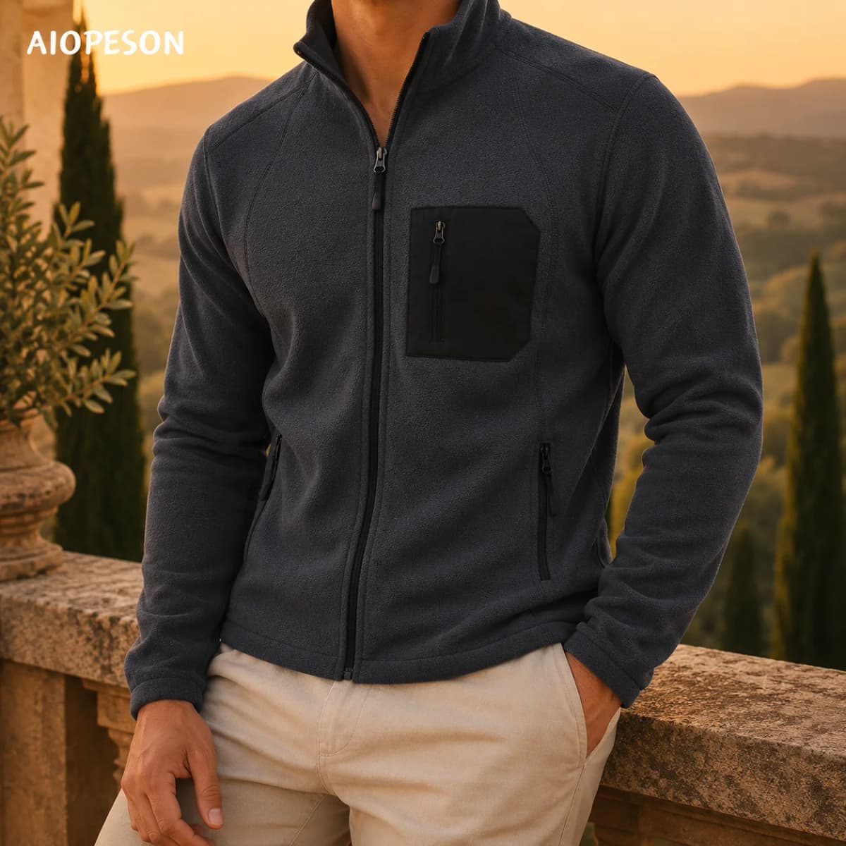 AIOPESON Men Fleece Jacket Full Zip Mock Neck Polar Fleece Sweatshirt Thermal Multi Pocket Outdoor Casual Autumn Winter Coat