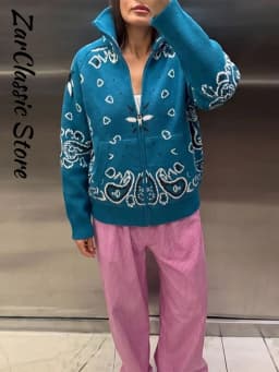 Vintage Paisley Jacquard Women's Cardigan Autumn Stand Neck Zip-up Knit Sweater Lady New Casual Elegant Winter Clothes 2026