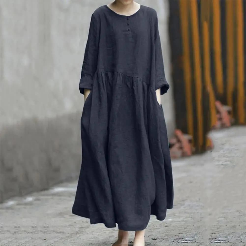 Women's Cotton Linen Maxi Dress Long Sleeve Button Up Crewneck Long Dress with Pockets Plus Size Casual Flowy Beach Sundress