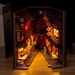DIY Book Nook Wooden Miniature Model Kits Chinese Food Street Casa Bookend 3D Puzzle With Light Bookshelf for Friends Gift