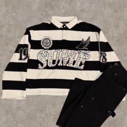 Y2K Retro Long Sleeve Polo Stripe Sume Embroidery Pattern Shirt Men Trend Sport Hip Hop Casual Streetwear Unisex Boxy Clothing