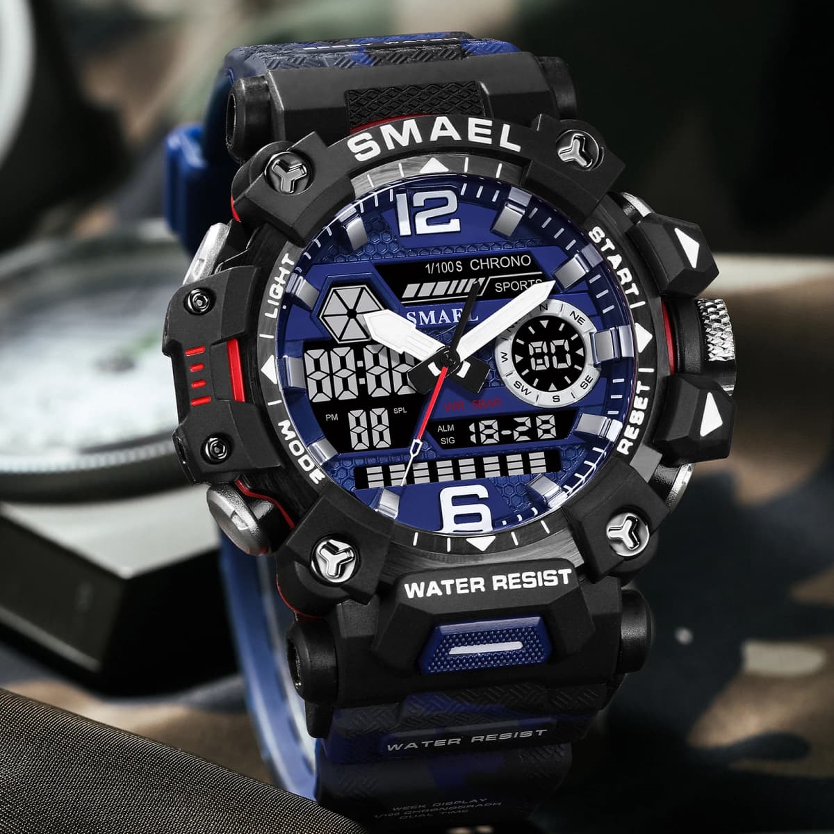 SMAEL 8072 Men's Analog Digital Dual Display Sport Watch - 50M Waterproof LED Backlight Alarm Stopwatch Chronograph Dual Time Zo