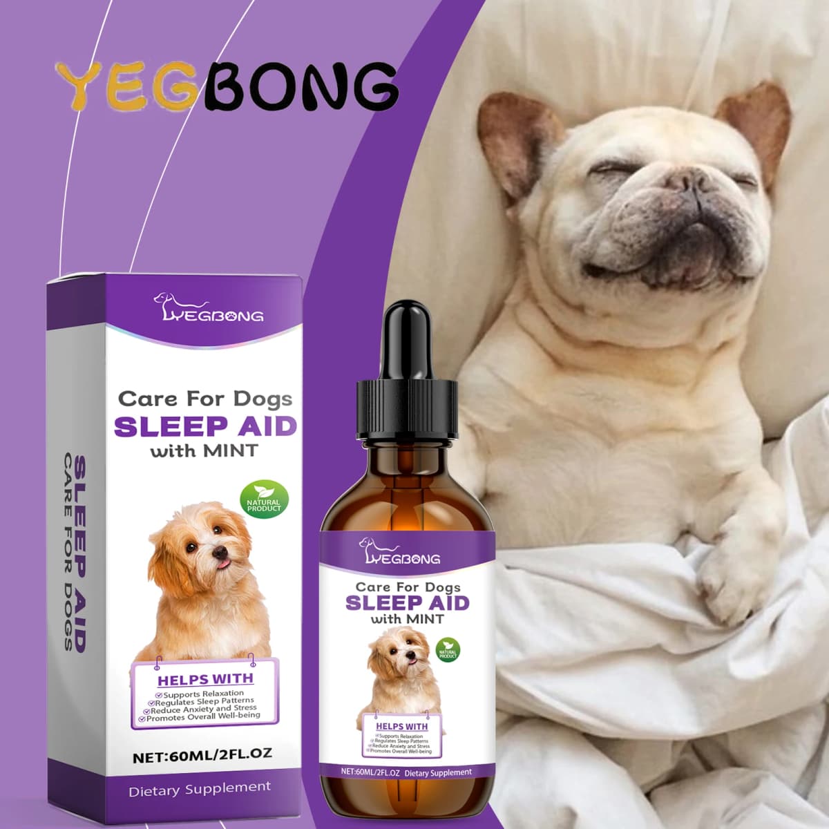 YEGBONG 60ml Dog Sleep Support Drops with Herbal Nighttime Formula Vet Recommended Calming Care for Canine Anxiety Nighttime