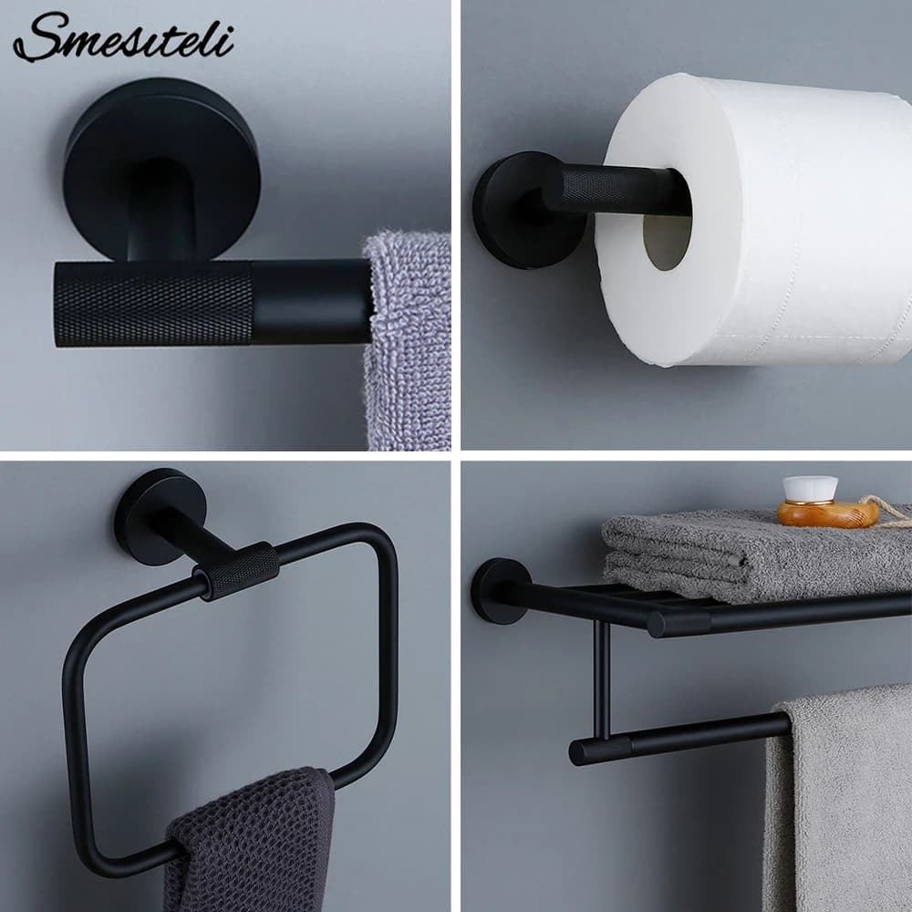 Matte Black Bathroom Accessories Brass Knurled Kit Paper Holder Towel Rack Shelf Single Towel Holder Toilet Brush Holder Hook