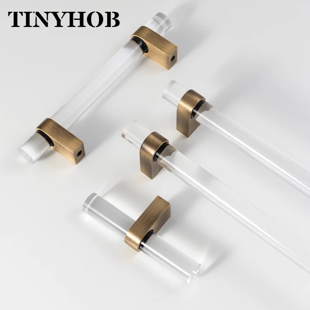 Smoky Gray Acrylic+Brass for Furniture Handles and Knobs Kitchen Doors Cabinet Drawer T Bar Funiture Wardrobe Appliance Handle