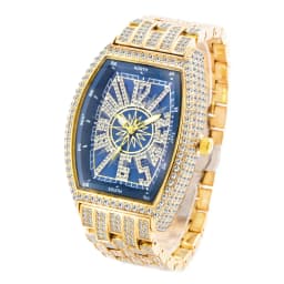 Luxury Men Crystal Watch Bling Iced-Out Tonneau Gold Watches Fashion Diamond Quartz Analog Clock With Stainless Steel Bracelet