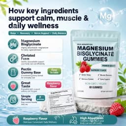 Magnesium Bisglycinate Gummies High Absorption Vegan Raspberry Flavor 60 Count Support Muscle Bone Health Non GMO Gluten Free