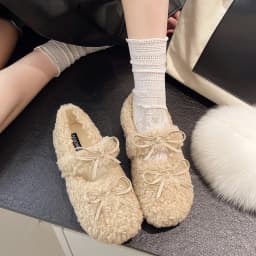 Design Lambwool Women Flats Mary Jane Shoes Fashion Butterfly-knot Slip On Shoes Warm Cartoon House Shoes For Winter