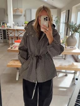 Minimalist Autumn Winter Jacket Women Coat Plaid Hooded Windbreaker Drawstring Waist Loose Mid Casual Outerwear Jacket Female