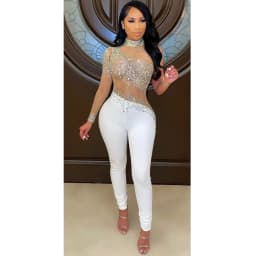 CM.YAYA Women Diamonds Hot Rhinestones Mesh See Though Long Sleeve Jumpsuit 2024 Party Evening Playsuit One Piece Overalls Set