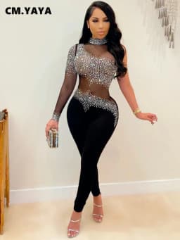 CM.YAYA Women Diamonds Hot Rhinestones Mesh See Though Long Sleeve Jumpsuit 2024 Party Evening Playsuit One Piece Overalls Set