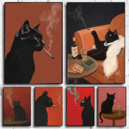 Black Cat Smoking a Cigarette Vintage Poster Art Retro Whimsical Print Funny Animal Wall Decor Poster for Bar Cart Quirky Kitche