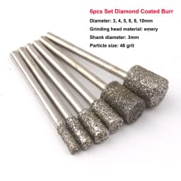 6pcs Diamond Coated Burr Set Grinding Engraving Bit 3mm Shank Cylindrical Rotary File for Stone Carving,DIY,Polishing