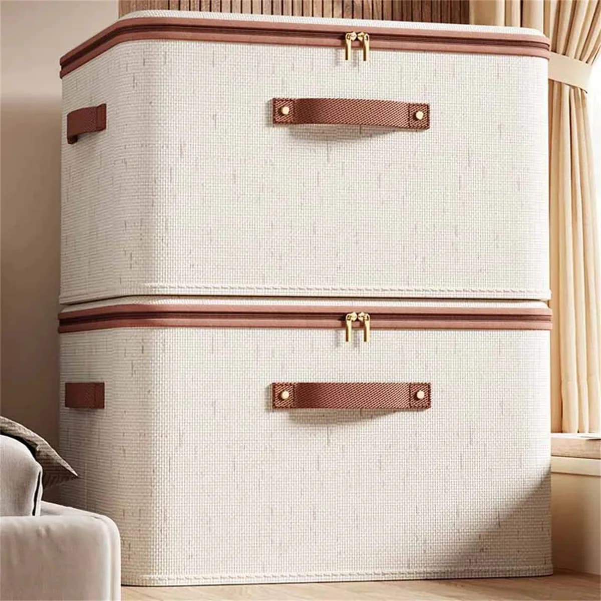 Large Household Storage Box Heavy-duty Hard Shell Cotton Linen Zipper Storage Organizer Box with Lid for Clothes Toys Blankets 
