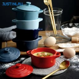 JUSTINLAU Ceramic Double Ear Bowl Mini Ceramic Glazed Baking Bowl Breskfast Steamed Egg Pudding Bowl Soup Bowls Microwave Oven