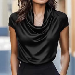 Fashioin Women's Satin Cowl Neck Short Sleeve Blouse Smooth Silk-Like Fabric Elegant Draped Neckline Top For Office Evening Wear