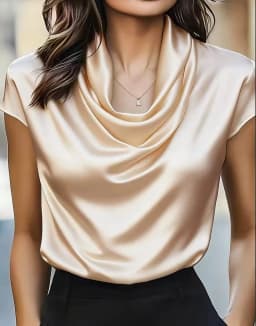 Fashioin Women's Satin Cowl Neck Short Sleeve Blouse Smooth Silk-Like Fabric Elegant Draped Neckline Top For Office Evening Wear