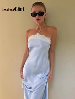 Slim Bodycon Summer Sleeveless Soft Casual Chic Bright Midi Dresses Designed For Women Street French Lace Patchwork Neck-Mounted