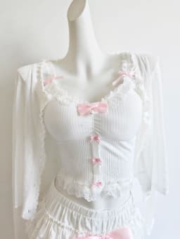Sweet Crop Top Women Lace Trim Cotton Cropped Bows Bead Decoration Pink White Cute Camis Sweet Girls Lolita Style Kawaii Clothes