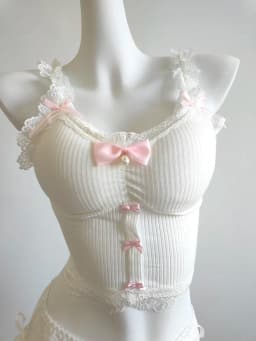 Sweet Crop Top Women Lace Trim Cotton Cropped Bows Bead Decoration Pink White Cute Camis Sweet Girls Lolita Style Kawaii Clothes