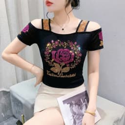 New Designer Hot Diamond Mesh T-Shirt Women Korean Style Sexy Off Shoulder Slim Tee Summer Casual Streetwear Tops