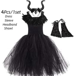 Handmade Tutu Princess Dress Girls Cosplay Costume Evil Queen Black Mesh Children's Carnival Party Wand Demonic Witch Dress