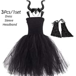 Handmade Tutu Princess Dress Girls Cosplay Costume Evil Queen Black Mesh Children's Carnival Party Wand Demonic Witch Dress