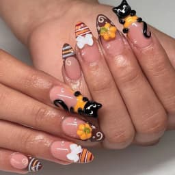 24pcs Cute Cartoon Black Cat Press On Nails 3D White Bowknots Pumpkin Pattern False Nails Stripes French Style Almond Fake Nail