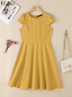 ZANZEA 2025 Summer Sundress Women O-Neck Waisted Dresses Elegant Short Sleeve Pleated Work Vestidos Solid Party Knee-Length Robe