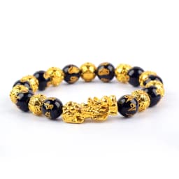 Pixiu Bracelet Feng Shui Wealth and Good Luck Bracelet Homme Wristband Gold Color Obisidian Stone Beads Black Six Character Gift