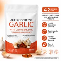 Odorless Aged Garlic Extract Softgels, 600mg AGE with 50mg CoQ10 Ubiquinol, Standardized S-Allyl Cysteine, Lifestyle, 60 Count