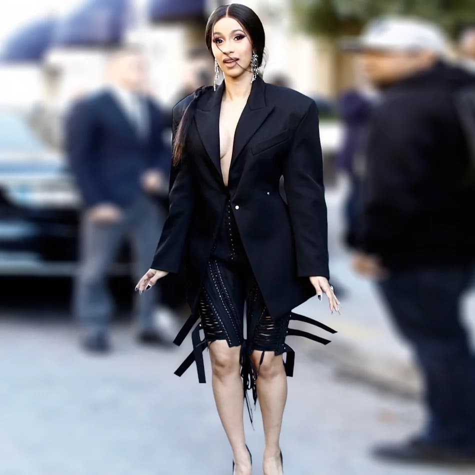 Cardi B Outfit Lace Up Blazer Backless 2 Piece Pants Set Tassel Eyelet Embellished Buckle V Neck Outwear Sexy Mesh Pants