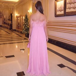 Women Pink Strapless Feather Trim Floor‑Length Evening Gown Pleated Loose Flowy Chiffon Wedding Guest Formal Party Dresses