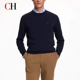 CH Men's Crew Neck Sweater Slim Fit Long Sleeve Knit Pullover with Red Embroidery Business Casual Top