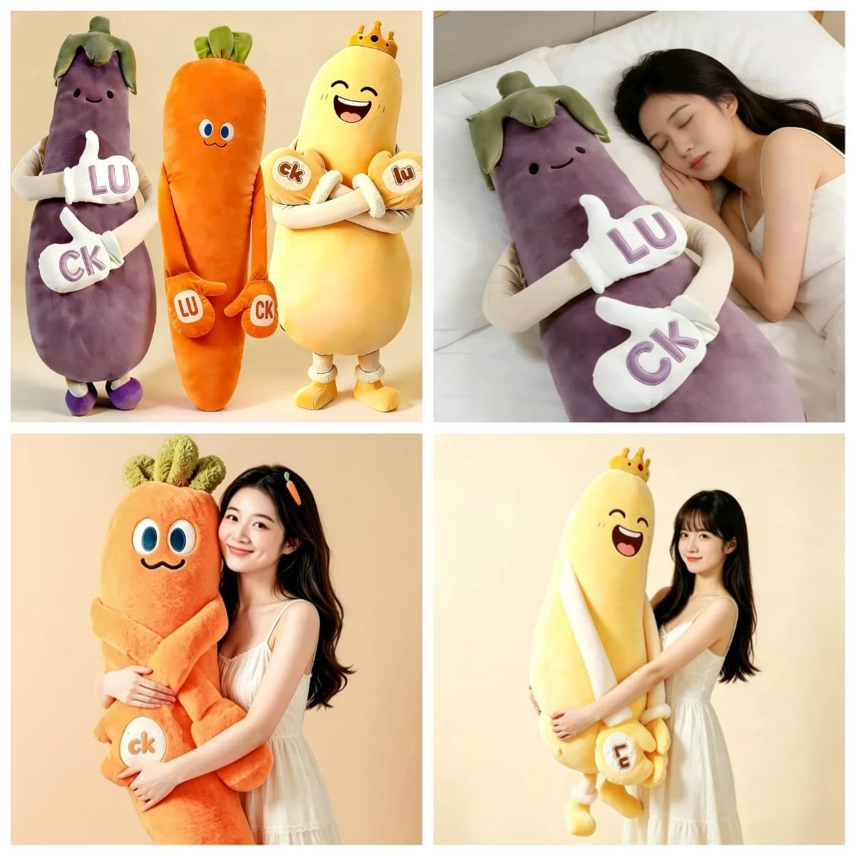 Cute Humanized Vegetable Long Cylindrical Plush Hug Pillow,Eggplant Carrot Banana With Arms Feet, Ergonomic Leg & Waist Support