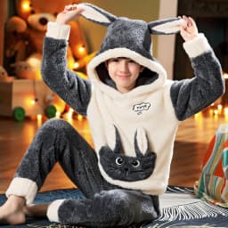 Winter Warm Teenage Pajamas Animal Cartoon Kids Pijamas Set Coral Fleece Plush Home Clothes Suit Hooded Flannel Boys Sleepwear