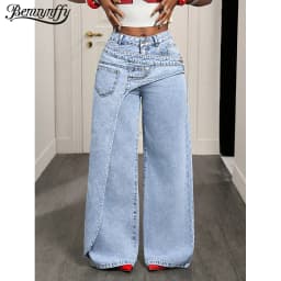 Benuynffy High Street Fashion 2 In 1 Mid Waisted Jeans Women's American Vintage Y2k Versatile Casual Loose Wide Leg Denim Pants