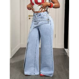 Benuynffy High Street Fashion 2 In 1 Mid Waisted Jeans Women's American Vintage Y2k Versatile Casual Loose Wide Leg Denim Pants