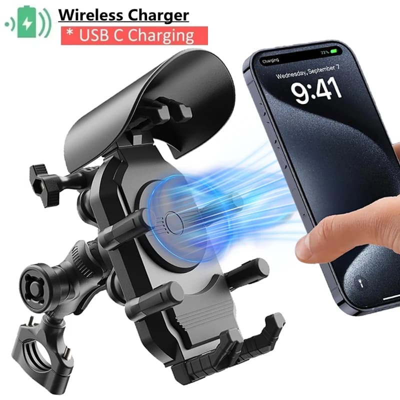 Shockproof Motorcycle Phone Holder 15W Wireless Charger & 18W USB 30W Type C Fast Charging Motorbike Bicycle Bike Scooter Stand