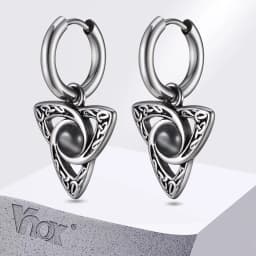 Vnox Retro Celtic Knot Triangle Earrings for Men Women,Black Opal Stone Hoop Earrings,Vintage Stainless Steel Geometric Earrings