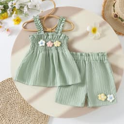 Citgeett Summer Kids Toddler Baby Girl Outfit Flower Ruffled Trim Sleeveless Tops Shorts Casual Clothes Set