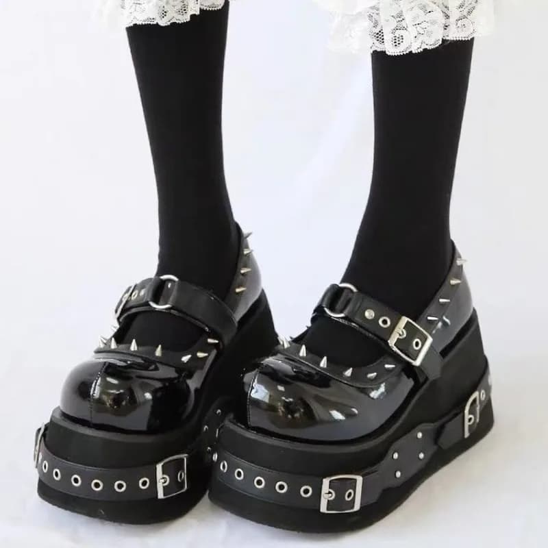 Kawaii Lolita Shoes Platform Platforms for Women Fashion Rivet Mary Jane Round Toe School Shoes Girl Cute Shoes Black